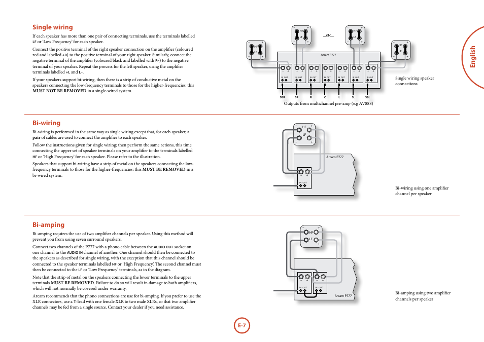 Single wiring, Bi-wiring, Bi-amping | English single wiring | Arcam P777 User Manual | Page 9 / 16