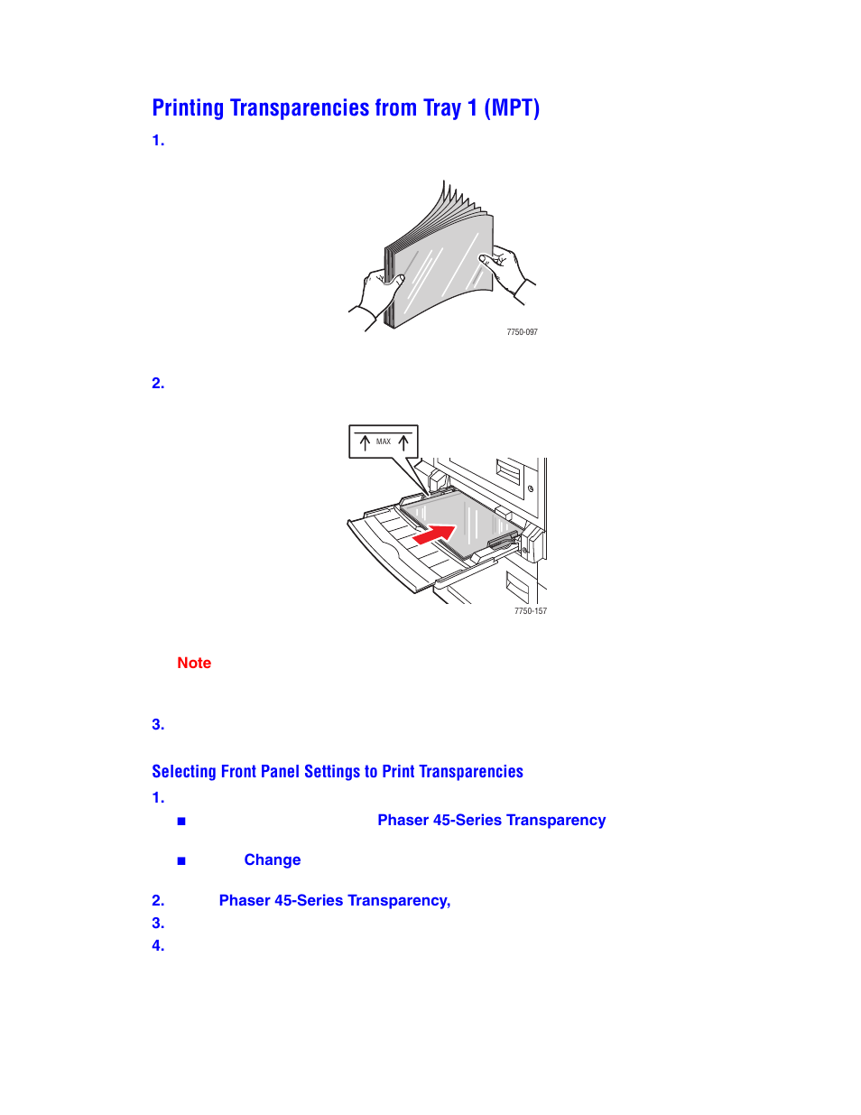 Printing transparencies from tray 1 (mpt) | Xerox Phaser 7750 Color Laser Printer User Manual | Page 2 / 3