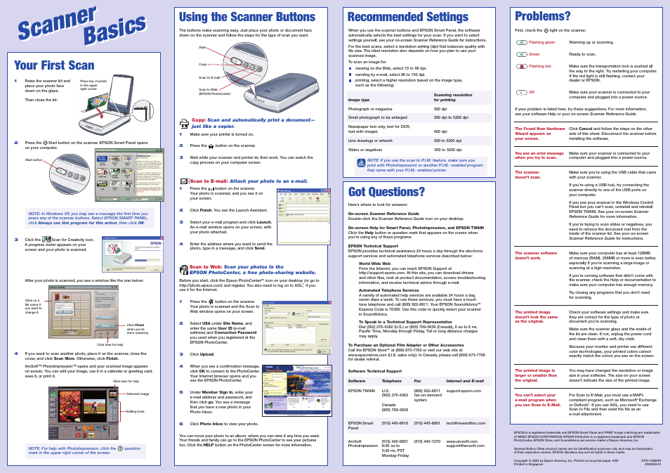 Scanner basics scanner basics, Using the scanner buttons, Recommended settings | Your first scan, Got questions, Problems | Epson 1660 Photo User Manual | Page 2 / 2