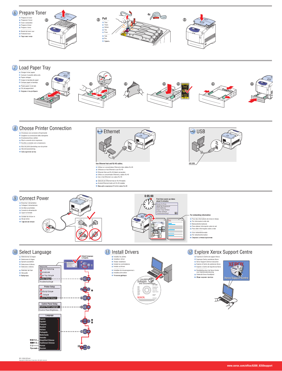 Ethernet usb, Connect power, Select language | Install drivers, Choose printer connection, Explore xerox support centre, Prepare toner, Load paper tray, Color laser printer | Xerox color-laser-printer-6300 User Manual | Page 2 / 2