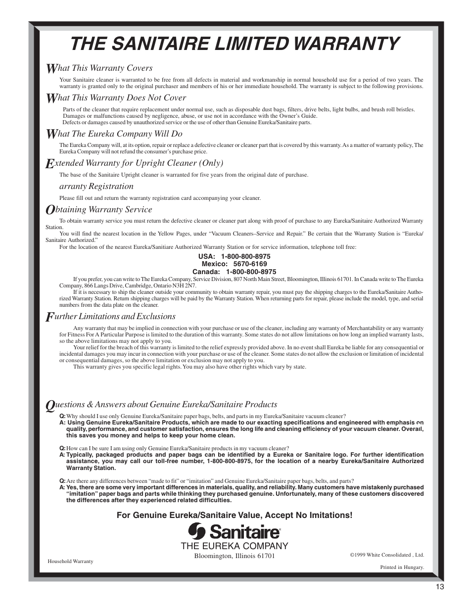 The sanitaire limited warranty | Sanitaire SP6900 User Manual | Page 13 / 16