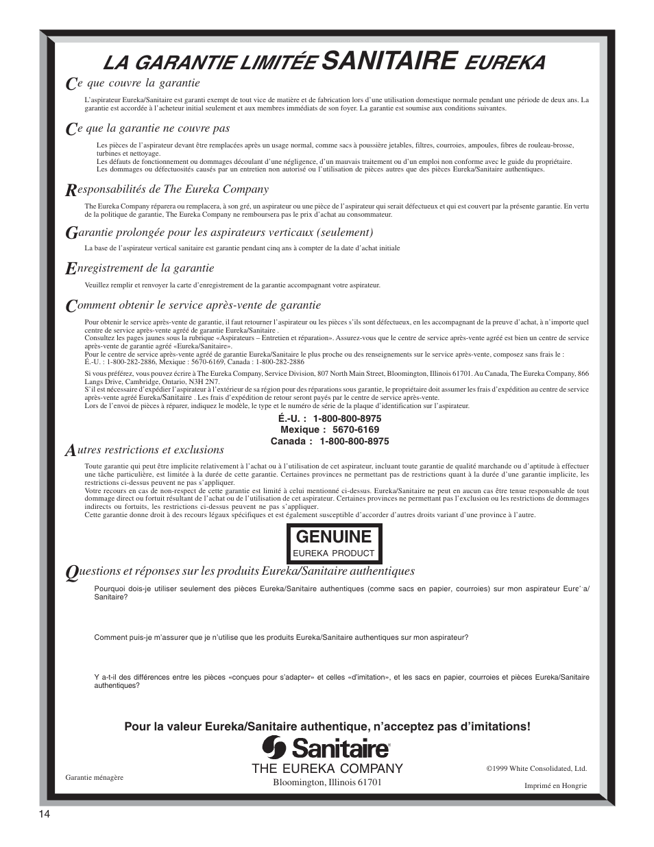 Sanitaire, La garantie limitée, Eureka | Genuine | Sanitaire SP6900 User Manual | Page 14 / 16