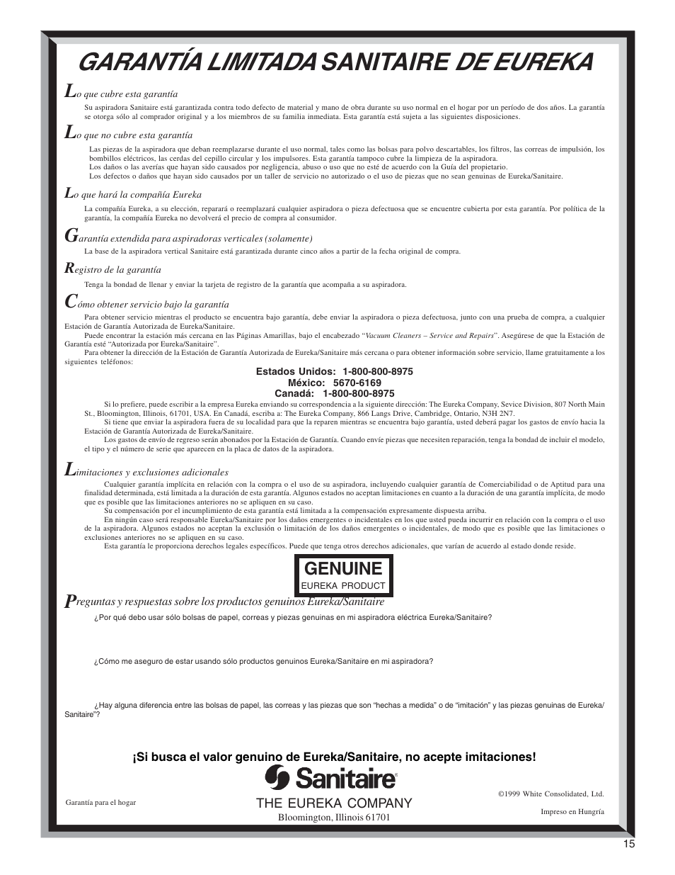 Garantía limitada, De eureka, Sanitaire | Genuine | Sanitaire SP6900 User Manual | Page 15 / 16