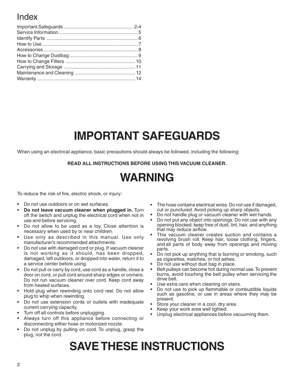 Important safeguards, Warning, Save these instructions | Index | Sanitaire SP6900 User Manual | Page 2 / 16