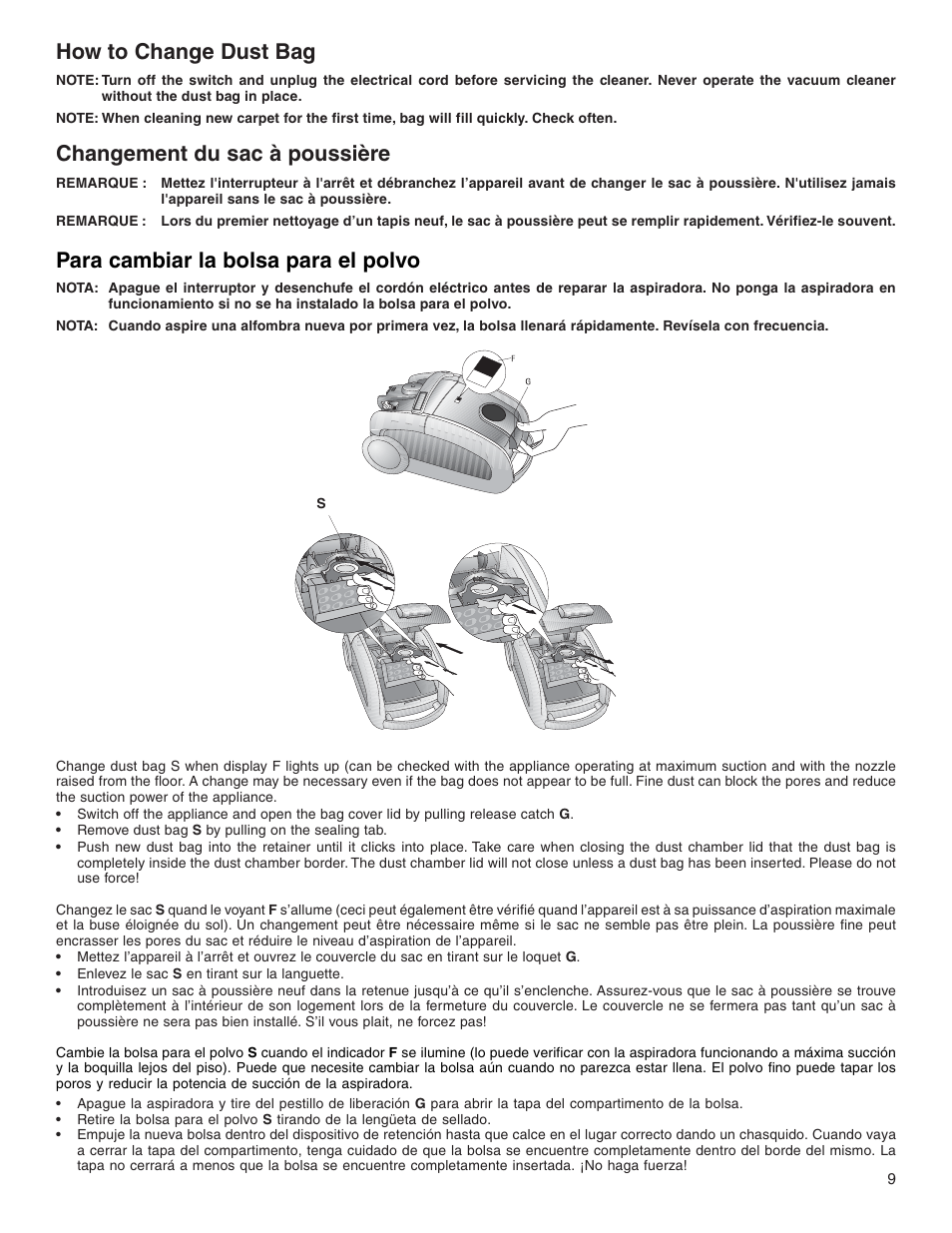 Changement du sac à poussière | Sanitaire SP6900 User Manual | Page 9 / 16