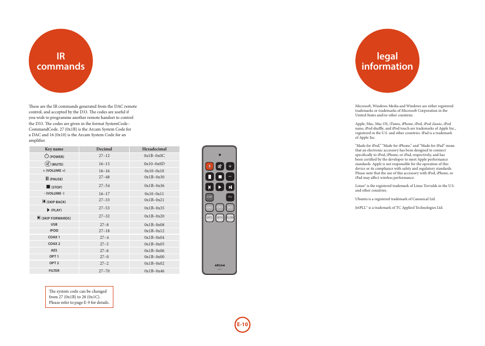 Ir commands, Legal information | Arcam D33 User Manual | Page 10 / 13