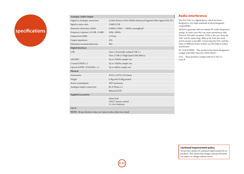 Specifications, Radio interference | Arcam D33 User Manual | Page 12 / 13
