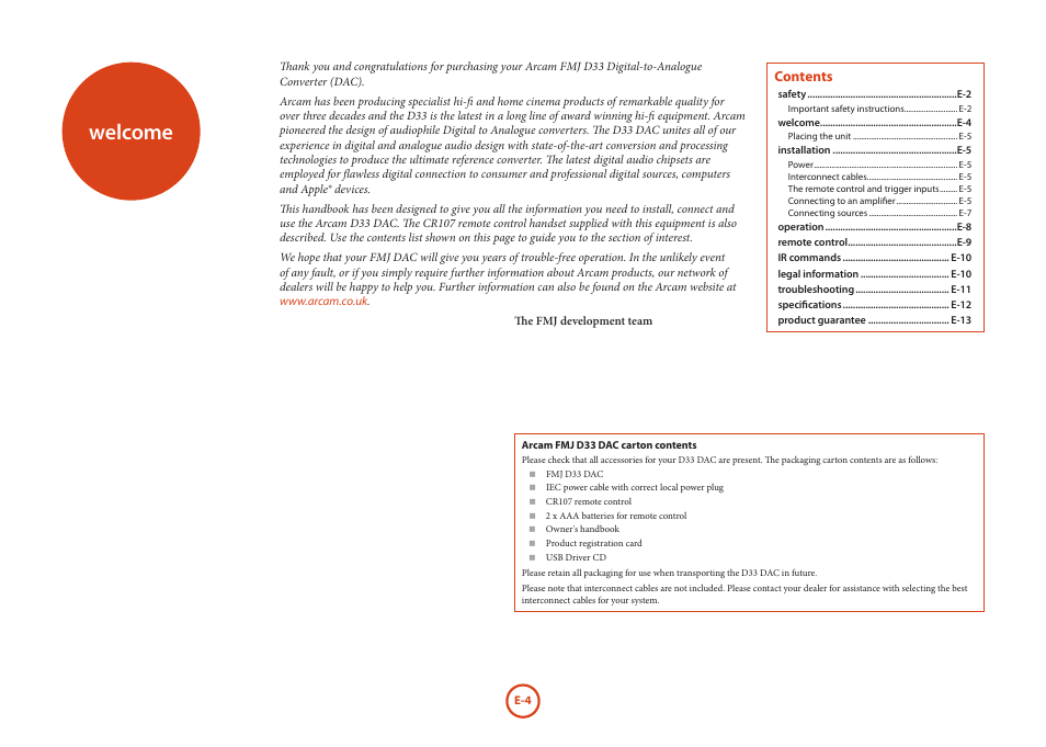 Welcome | Arcam D33 User Manual | Page 4 / 13