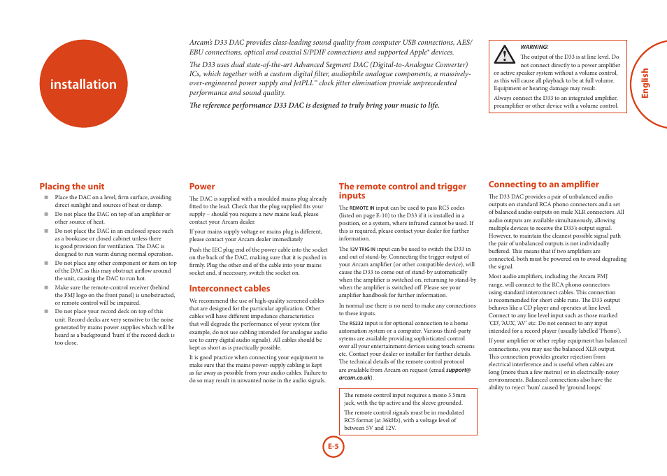 Installation, English, Power | Interconnect cables, The remote control and trigger inputs, Connecting to an amplifier, Placing the unit | Arcam D33 User Manual | Page 5 / 13