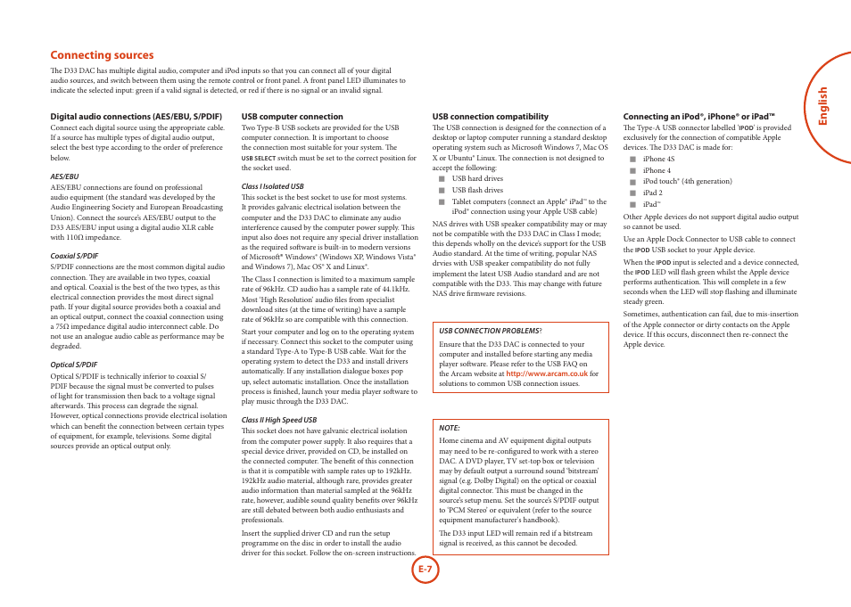 English, Connecting sources | Arcam D33 User Manual | Page 7 / 13