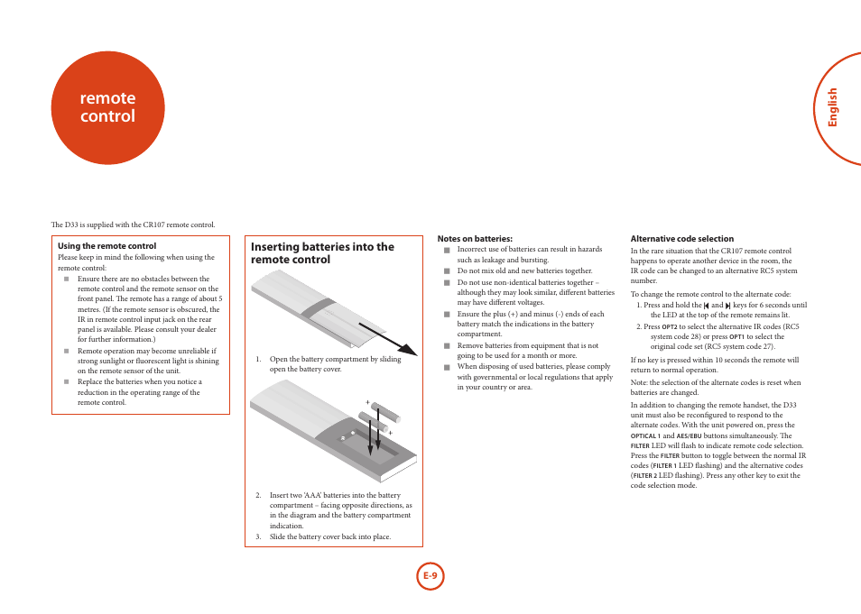 Remote control, English, Inserting batteries into the remote control | Arcam D33 User Manual | Page 9 / 13