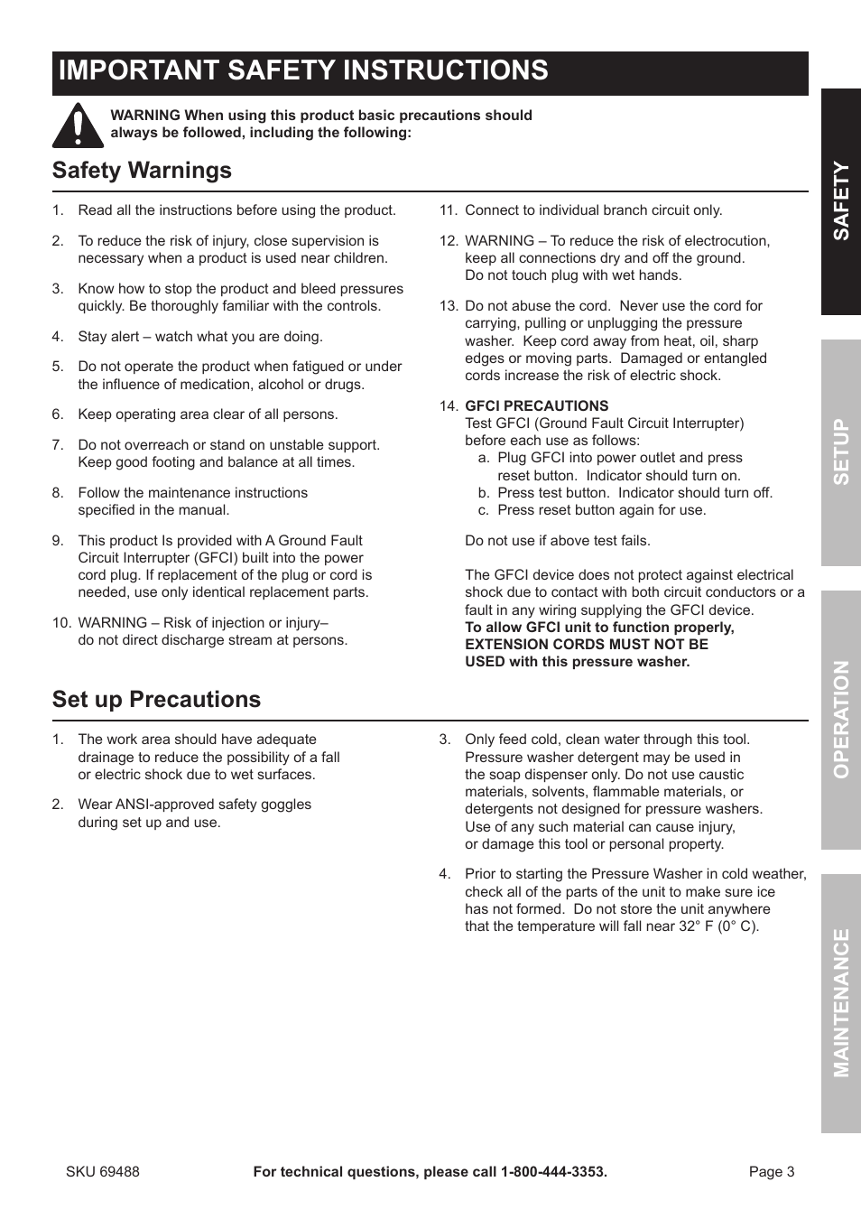 Important safety instructions, Safety warnings, Set up precautions | Harbor 1650 PSI User Manual | Page 3 / 20