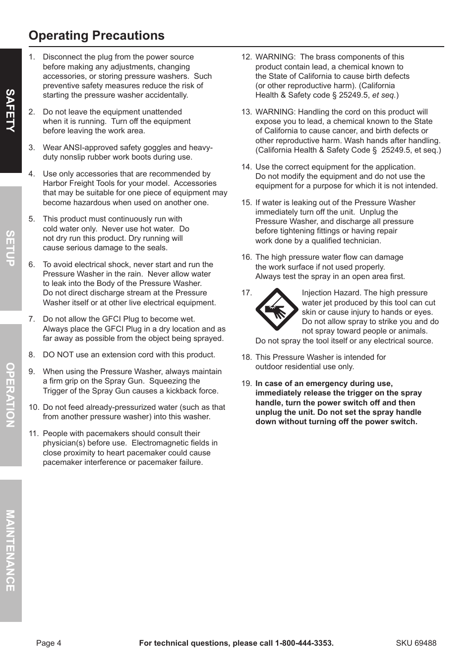 Operating precautions | Harbor 1650 PSI User Manual | Page 4 / 20
