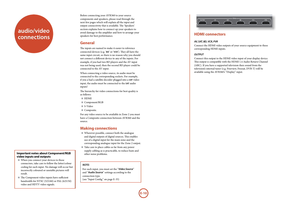 Audio/video connections, General, Making connections | Hdmi connectors | Arcam AVR360 User Manual | Page 10 / 55