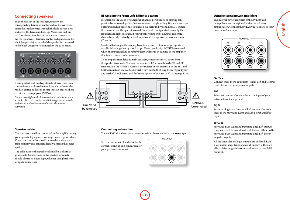 English connecting speakers | Arcam AVR360 User Manual | Page 19 / 55