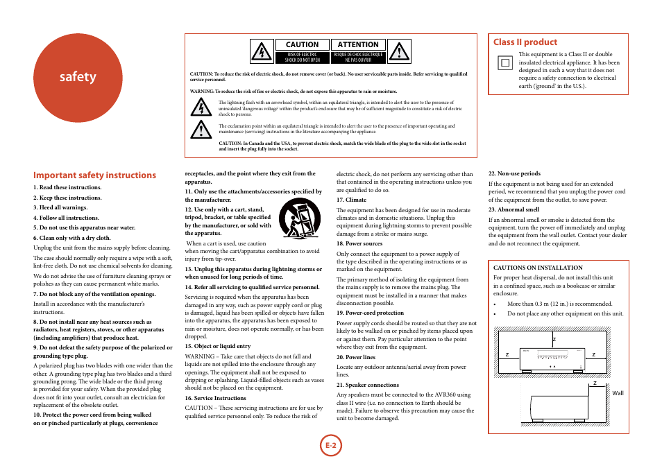 Safety, Important safety instructions, Class ii product | Arcam AVR360 User Manual | Page 2 / 55