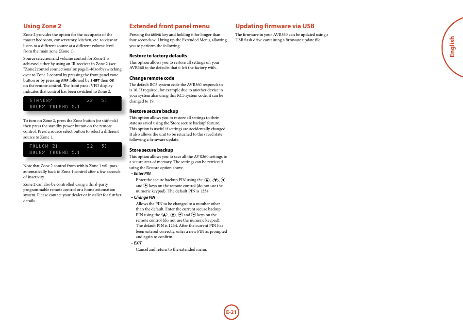 English using zone 2, Extended front panel menu, Updating firmware via usb | Arcam AVR360 User Manual | Page 21 / 55