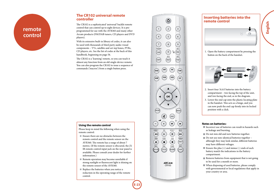 Remote control | Arcam AVR360 User Manual | Page 23 / 55