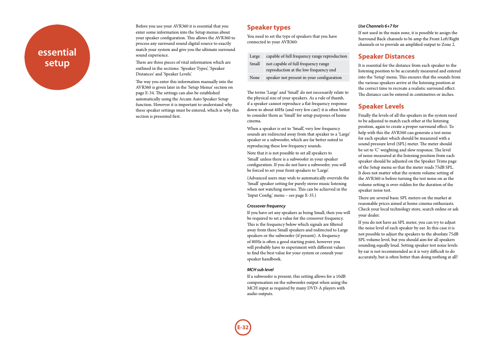 Essential setup, Speaker types, Speaker distances | Speaker levels | Arcam AVR360 User Manual | Page 32 / 55