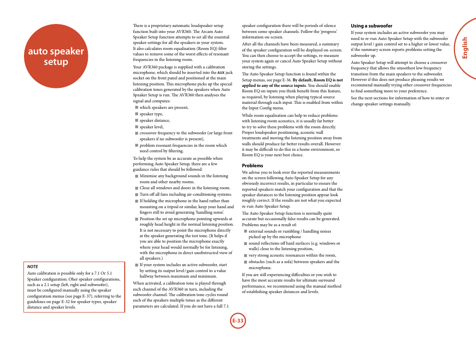 Auto speaker setup, English | Arcam AVR360 User Manual | Page 33 / 55