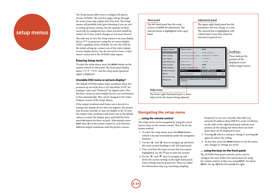 Setup menus, Navigating the setup menu | Arcam AVR360 User Manual | Page 34 / 55