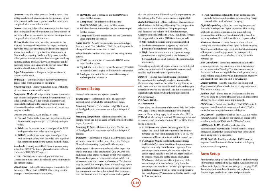 General setup, Auto setup | Arcam AVR360 User Manual | Page 36 / 55