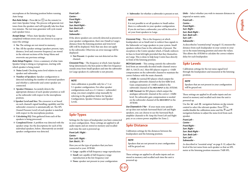 English, Spkr types, Spkr distance | Spkr levels | Arcam AVR360 User Manual | Page 37 / 55