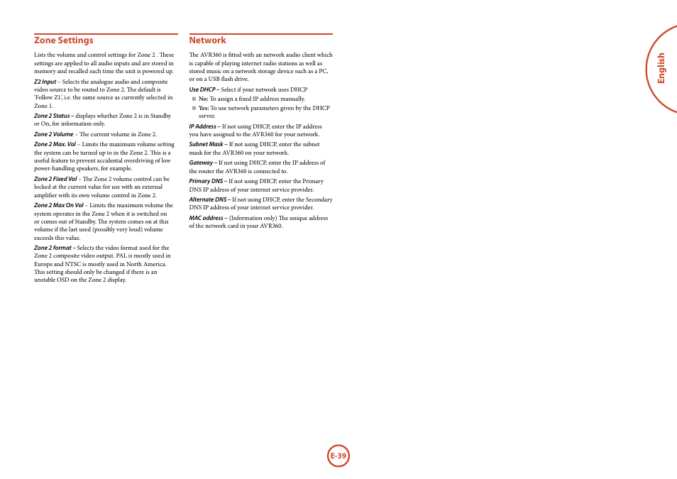 English zone settings, Network | Arcam AVR360 User Manual | Page 39 / 55
