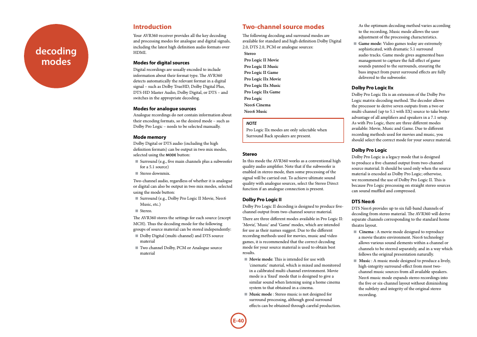 Decoding modes, Introduction, Two-channel source modes | Arcam AVR360 User Manual | Page 40 / 55