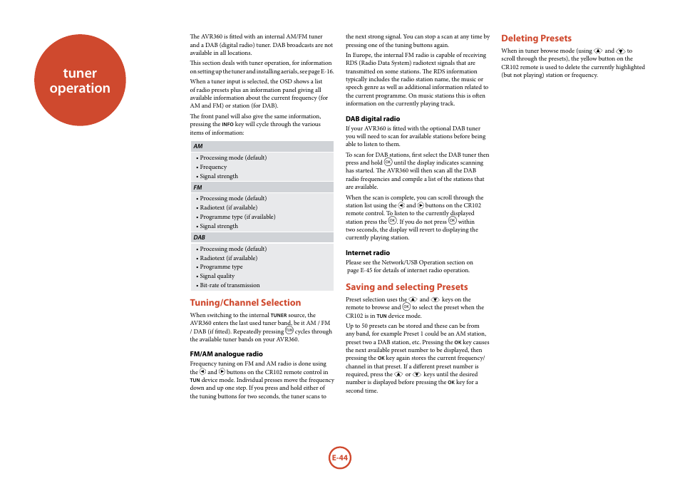 Tuner operation, Tuning/channel selection, Saving and selecting presets | Deleting presets | Arcam AVR360 User Manual | Page 44 / 55