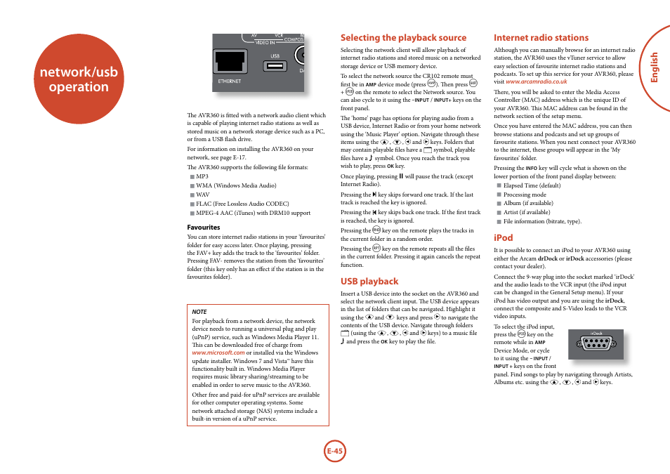 Network/usb operation, English, Selecting the playback source | Usb playback, Internet radio stations, Ipod | Arcam AVR360 User Manual | Page 45 / 55