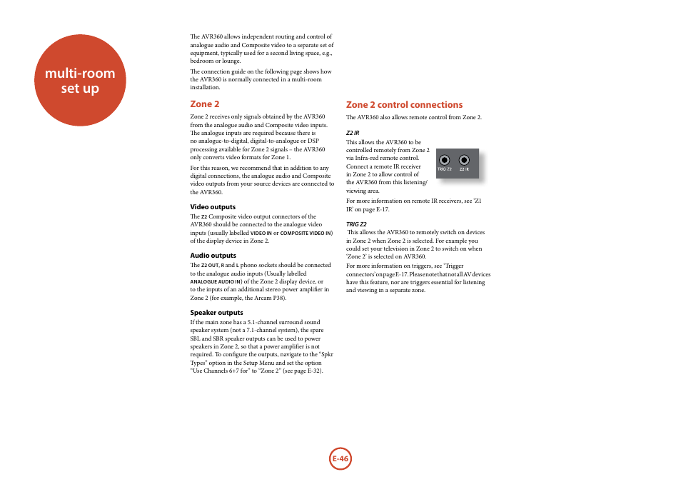 Multi-room set up, Zone 2 control connections, Zone 2 | Arcam AVR360 User Manual | Page 46 / 55