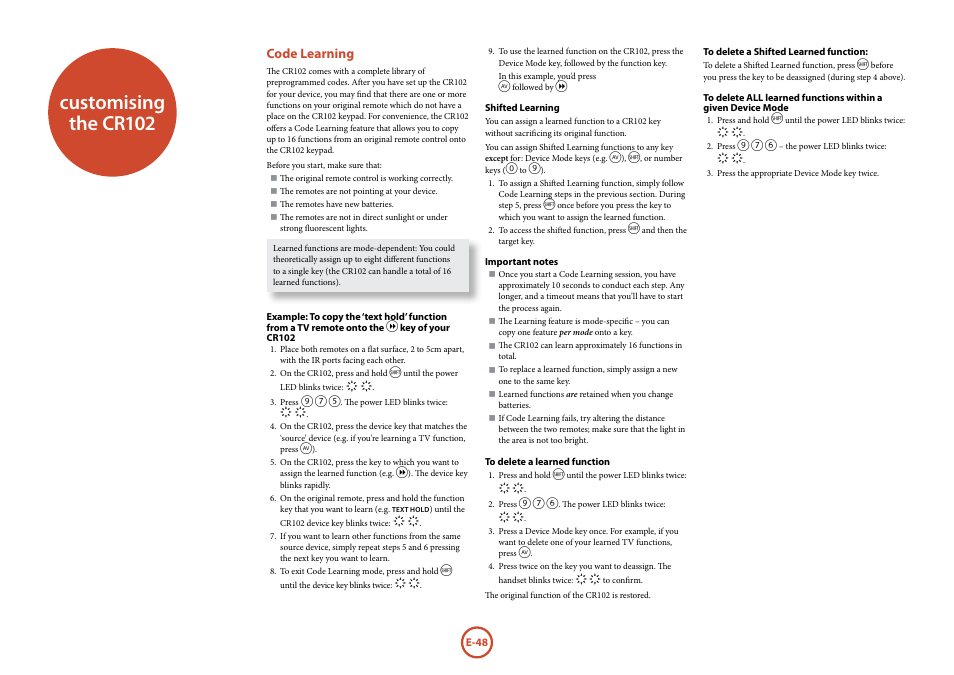 Customising the cr102, Code learning | Arcam AVR360 User Manual | Page 48 / 55