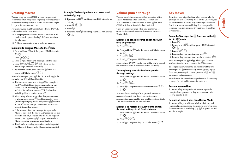 English, Volume punch-through, Key mover | Creating macros | Arcam AVR360 User Manual | Page 49 / 55