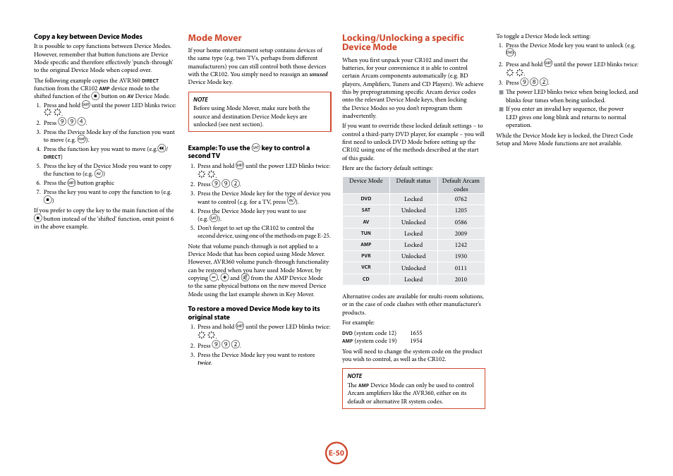 Mode mover, Locking/unlocking a specific device mode | Arcam AVR360 User Manual | Page 50 / 55