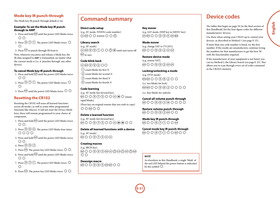 Device codes, Command summary, English | Mode key ir punch-through, Resetting the cr102 | Arcam AVR360 User Manual | Page 51 / 55