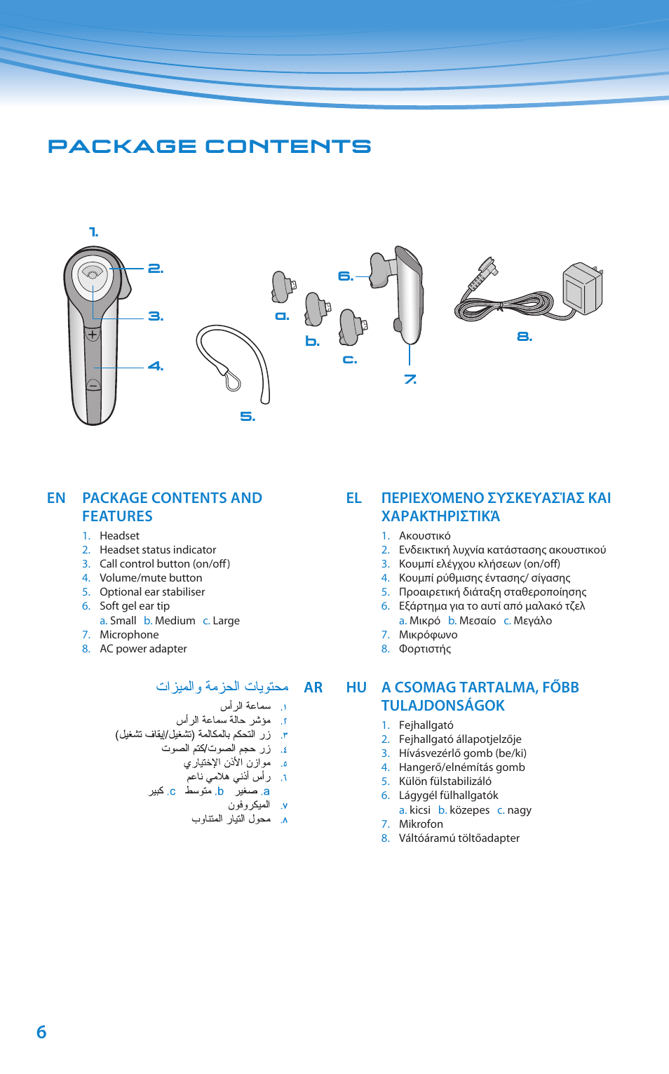 Package contents, En package contents and features, El περιεχόμενο συσκευασίασ και χαρακτηριστικά | Hu a csomag tartalma, főbb tulajdonságok | Plantronics Discovery 610 User Manual | Page 101 / 151