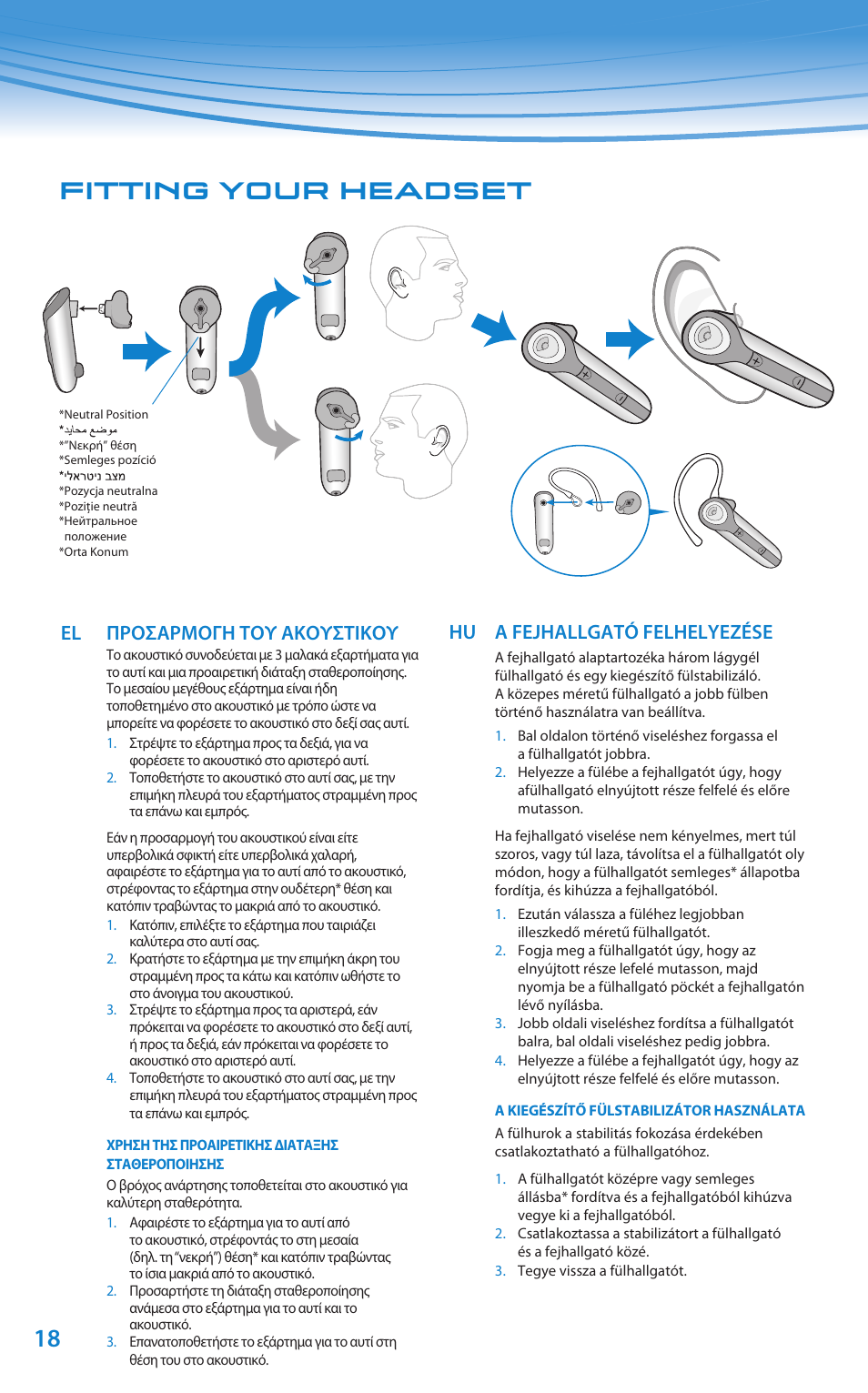 Fitting your headset, El προσαρμογη του ακουστικου, Hu a fejhallgató felhelyezése | Plantronics Discovery 610 User Manual | Page 113 / 151