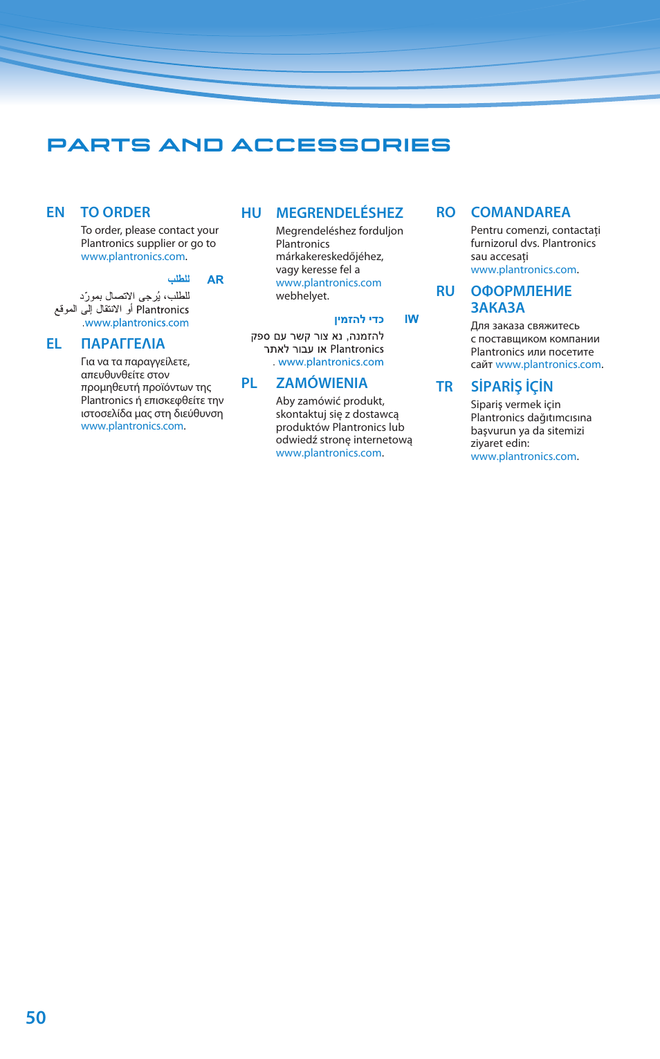 Parts and accessories | Plantronics Discovery 610 User Manual | Page 145 / 151