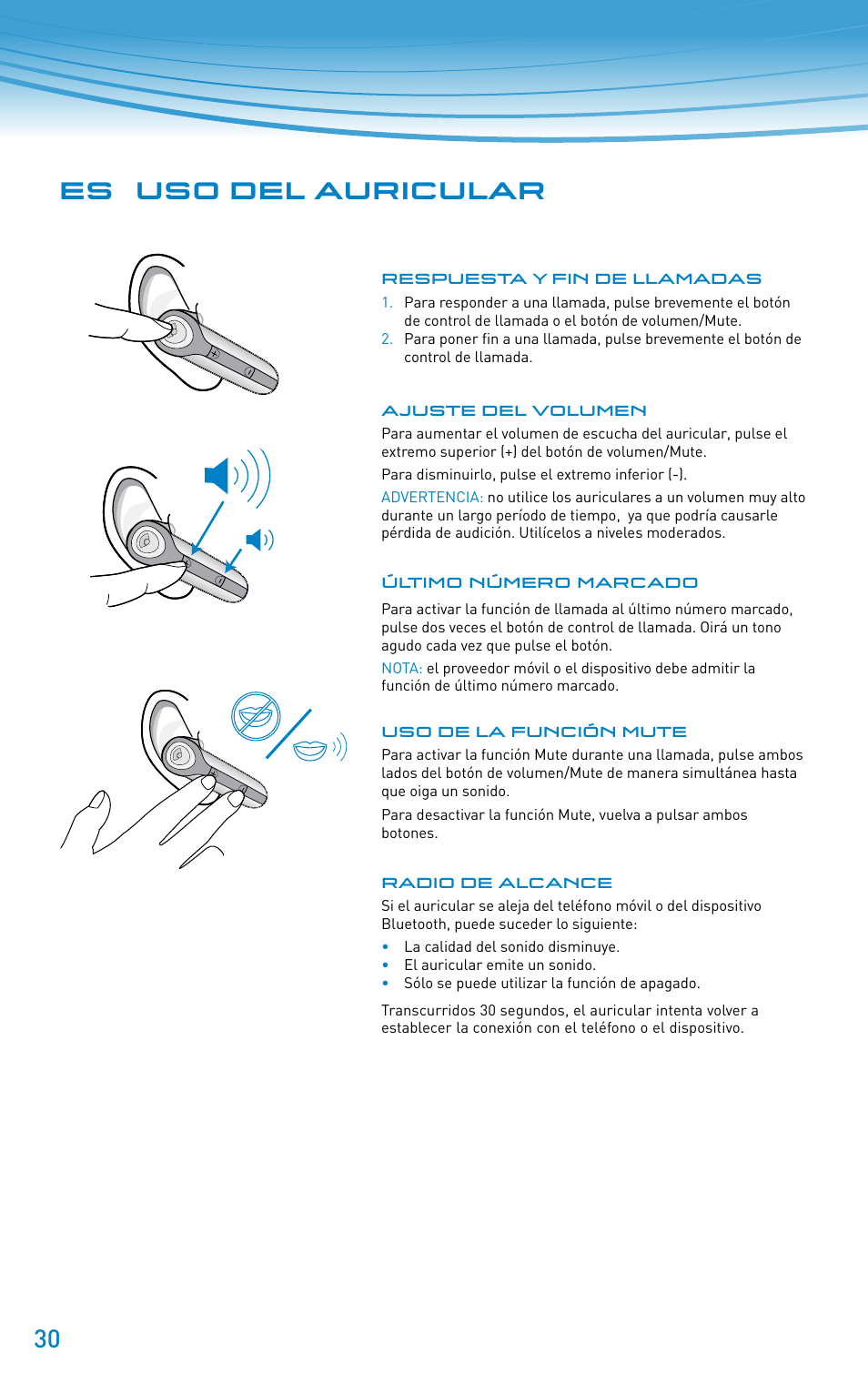 Es uso del auricular | Plantronics Discovery 610 User Manual | Page 30 / 151