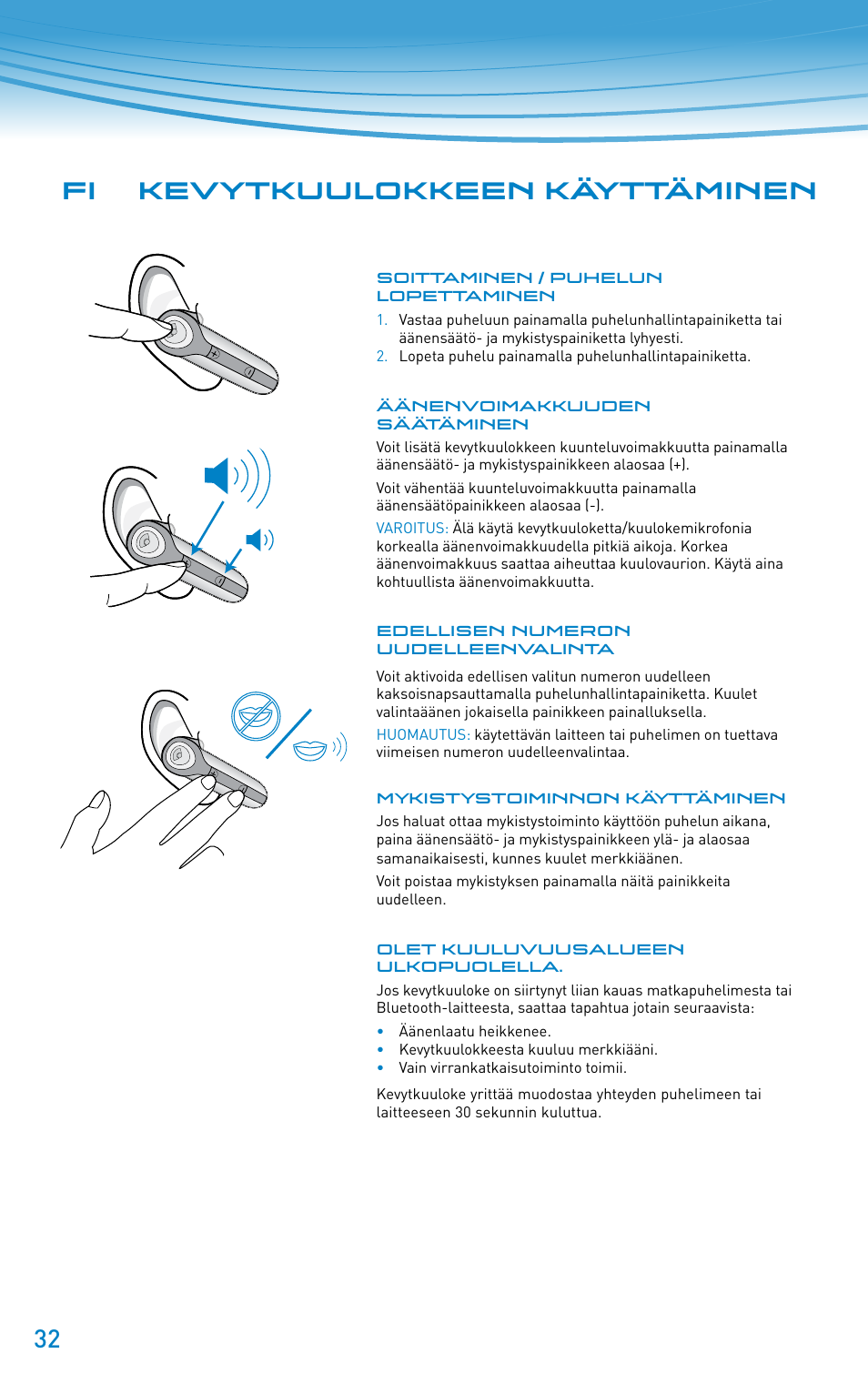 Fi kevytkuulokkeen käyttäminen | Plantronics Discovery 610 User Manual | Page 32 / 151
