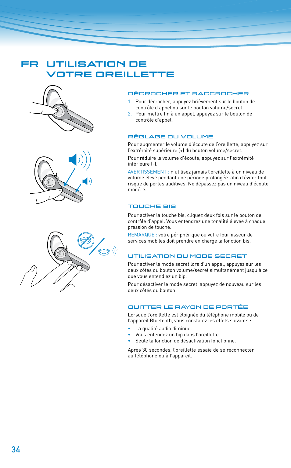 Fr utilisation de votre oreillette | Plantronics Discovery 610 User Manual | Page 34 / 151