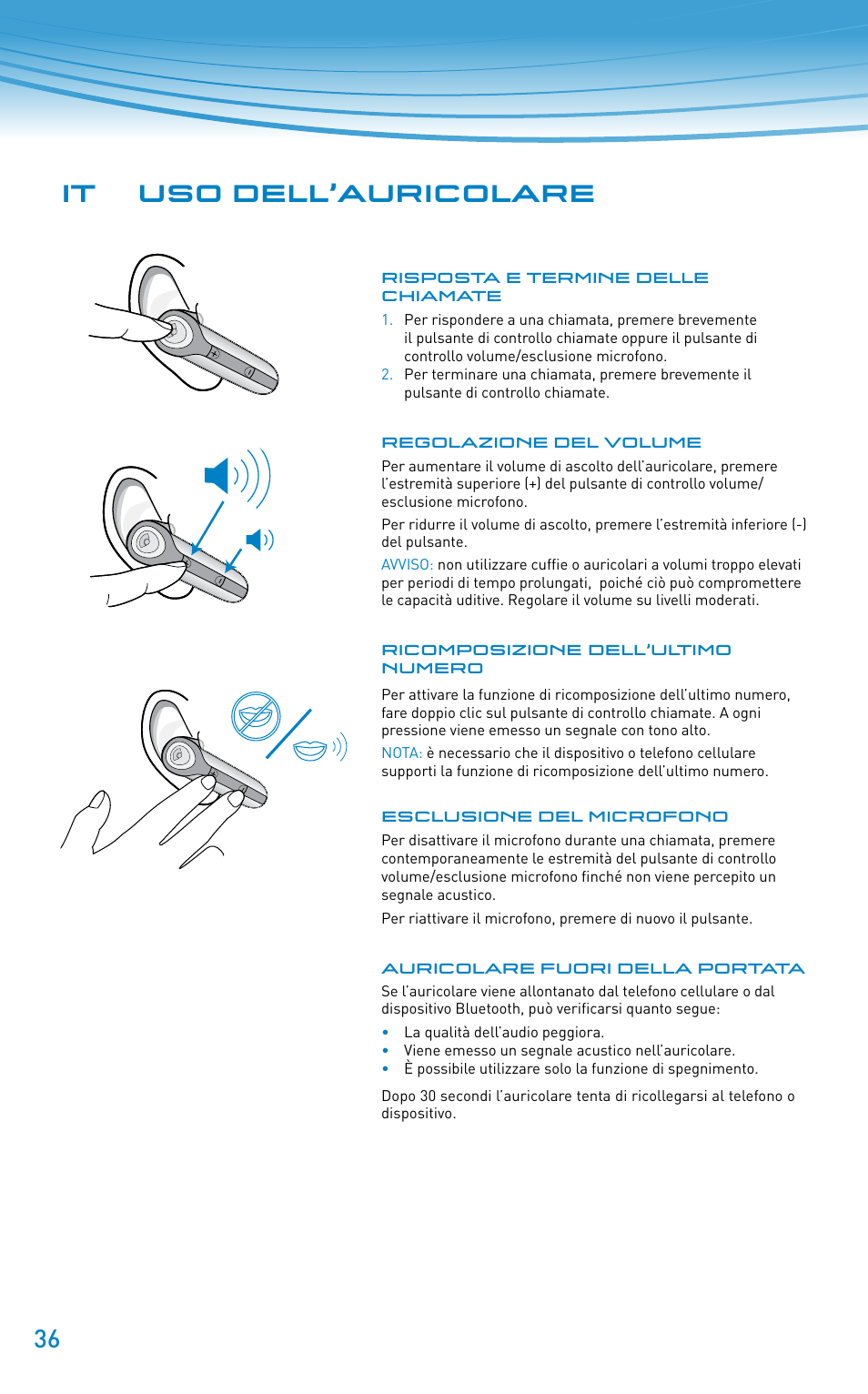 It uso dell’auricolare | Plantronics Discovery 610 User Manual | Page 36 / 151
