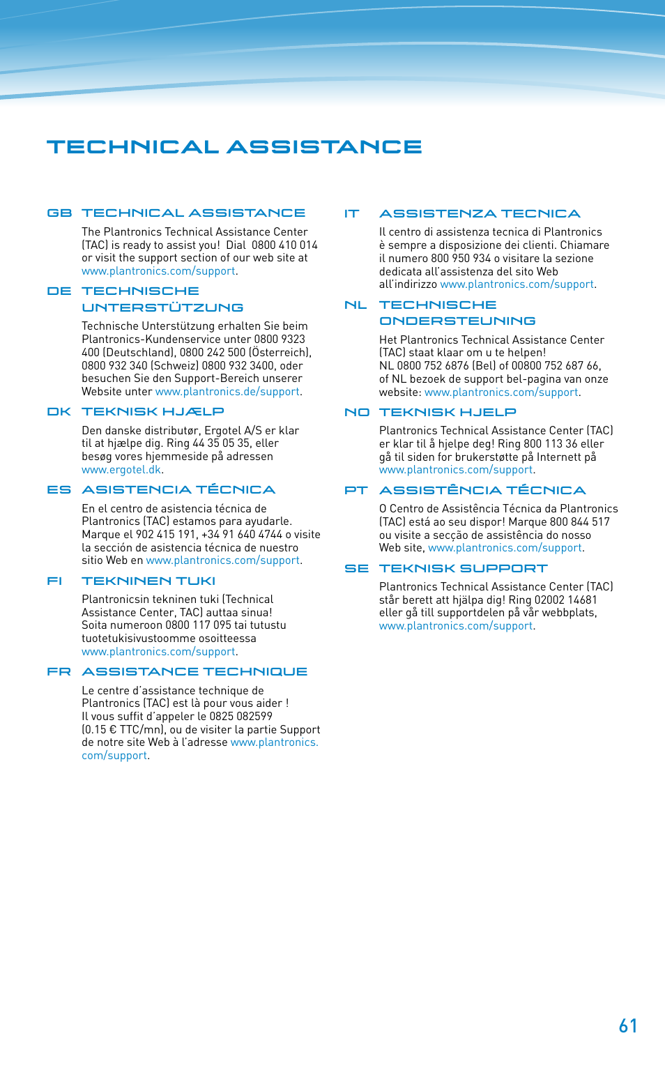 1 technical assistance | Plantronics Discovery 610 User Manual | Page 61 / 151