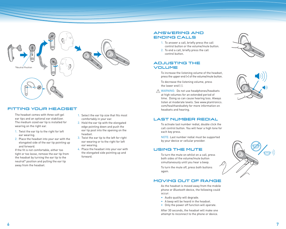 Answering and ending calls, Adjusting the volume, Last number redial | Using the mute, Moving out of range, Fitting your headset | Plantronics Discovery 610 User Manual | Page 68 / 151