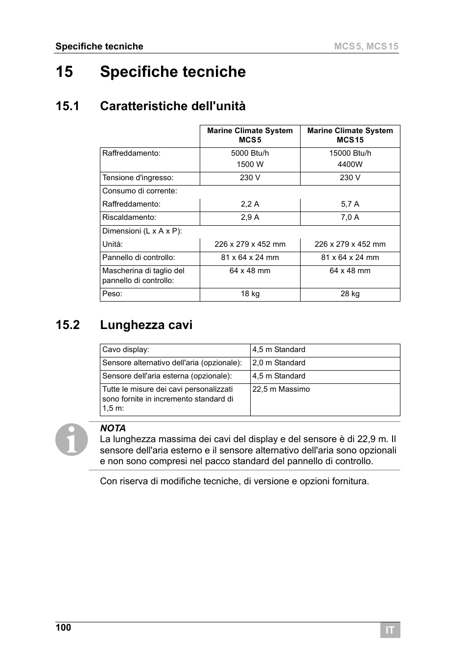 15 specifiche tecniche, 1 caratteristiche dell'unità 15.2 lunghezza cavi | Dometic MCS15 User Manual | Page 100 / 266