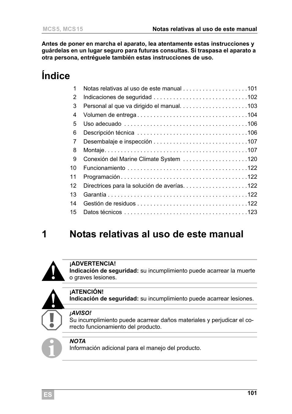 Índice, 1notas relativas al uso de este manual | Dometic MCS15 User Manual | Page 101 / 266