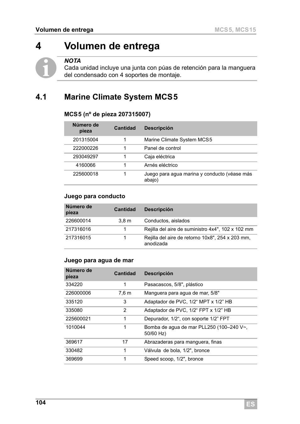 4volumen de entrega, 1 marine climate system mcs5 | Dometic MCS15 User Manual | Page 104 / 266