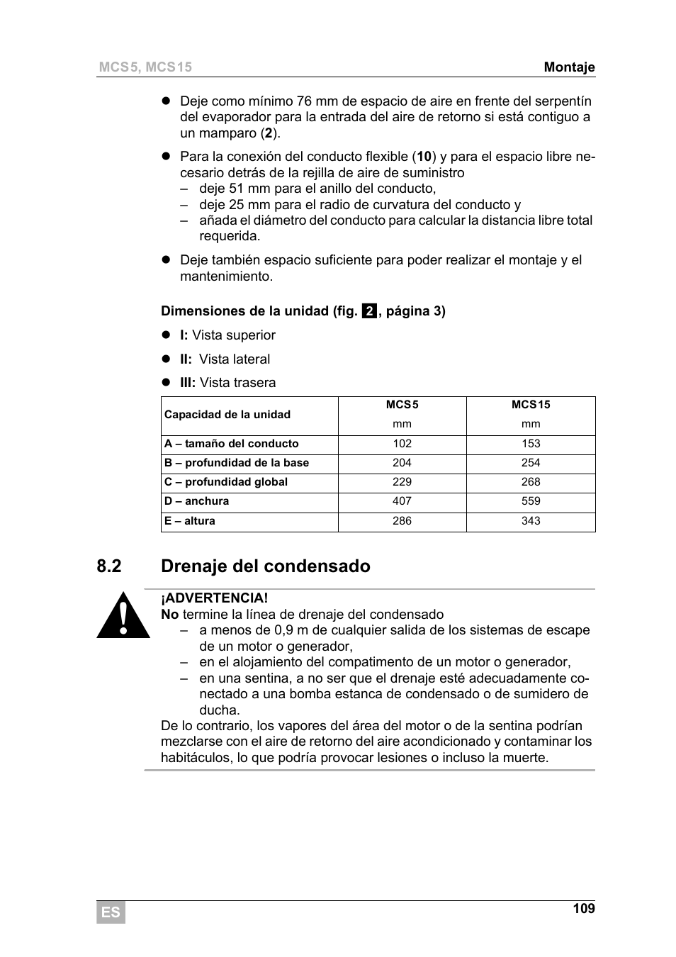 2 drenaje del condensado | Dometic MCS15 User Manual | Page 109 / 266