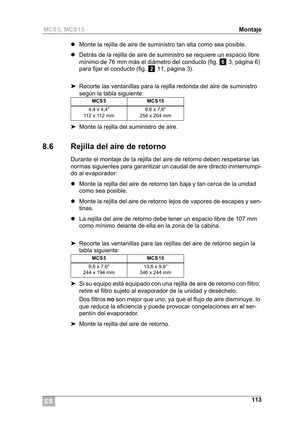 6 rejilla del aire de retorno | Dometic MCS15 User Manual | Page 113 / 266